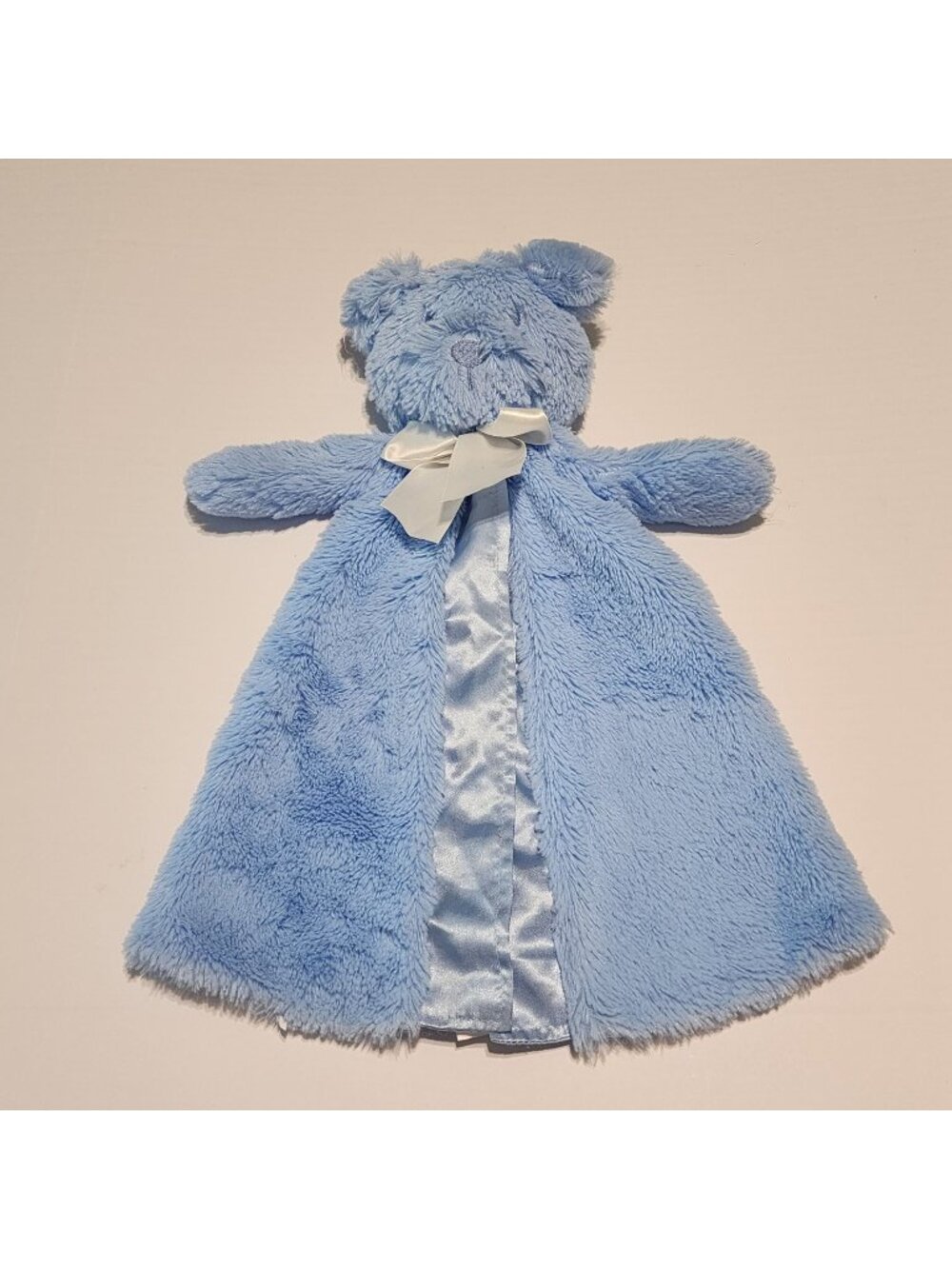 Crown & Ivy blue bear plush lovey security blanket bow open front satin trim 16"